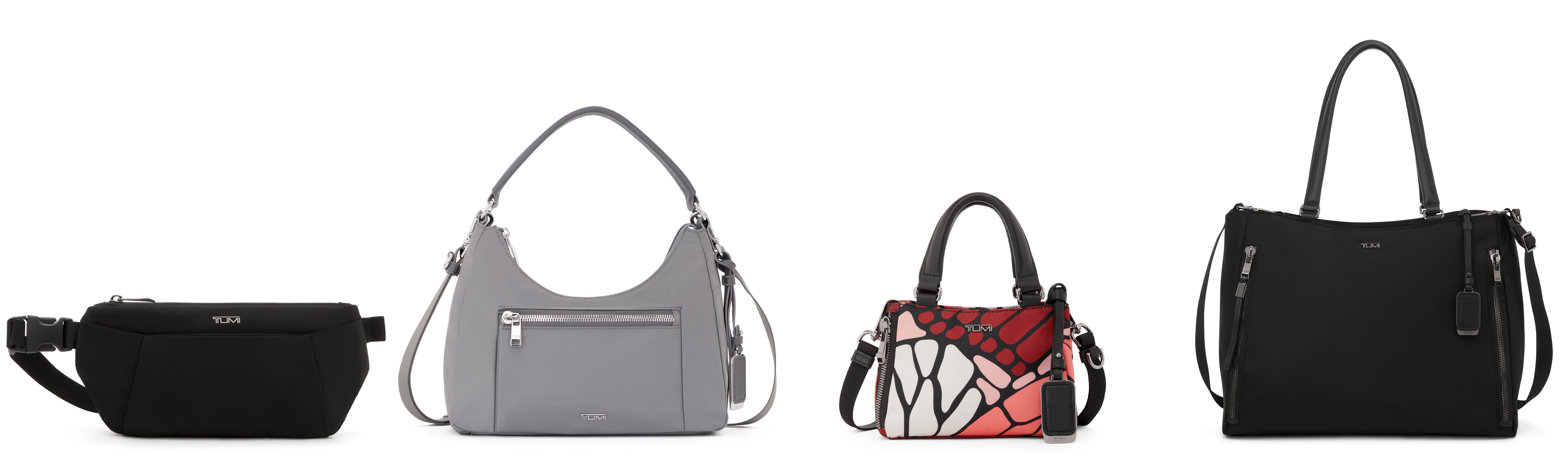 L to R: TUMI Voyageur Loha Slim Hip Bag in Black Gunmetal TUMI Voyageur Adelaide Hobo Crossbody in FogTUMI Voyageur Valetta Micro Tote in Swallowtail Print TUMI Voyageur Valetta Large Tote in Black Gunmetal